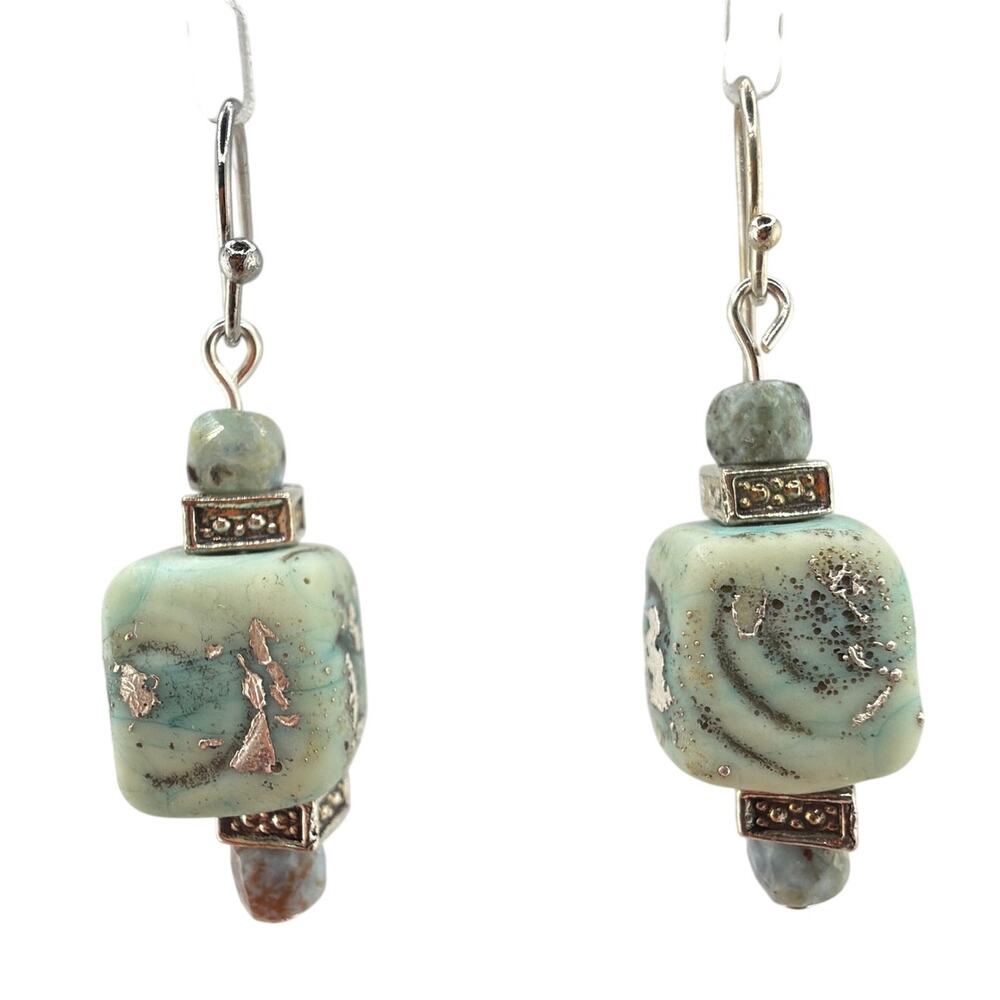 NEW Artisan Handcrafted Larimar and Raku Glass Dangle Earrings